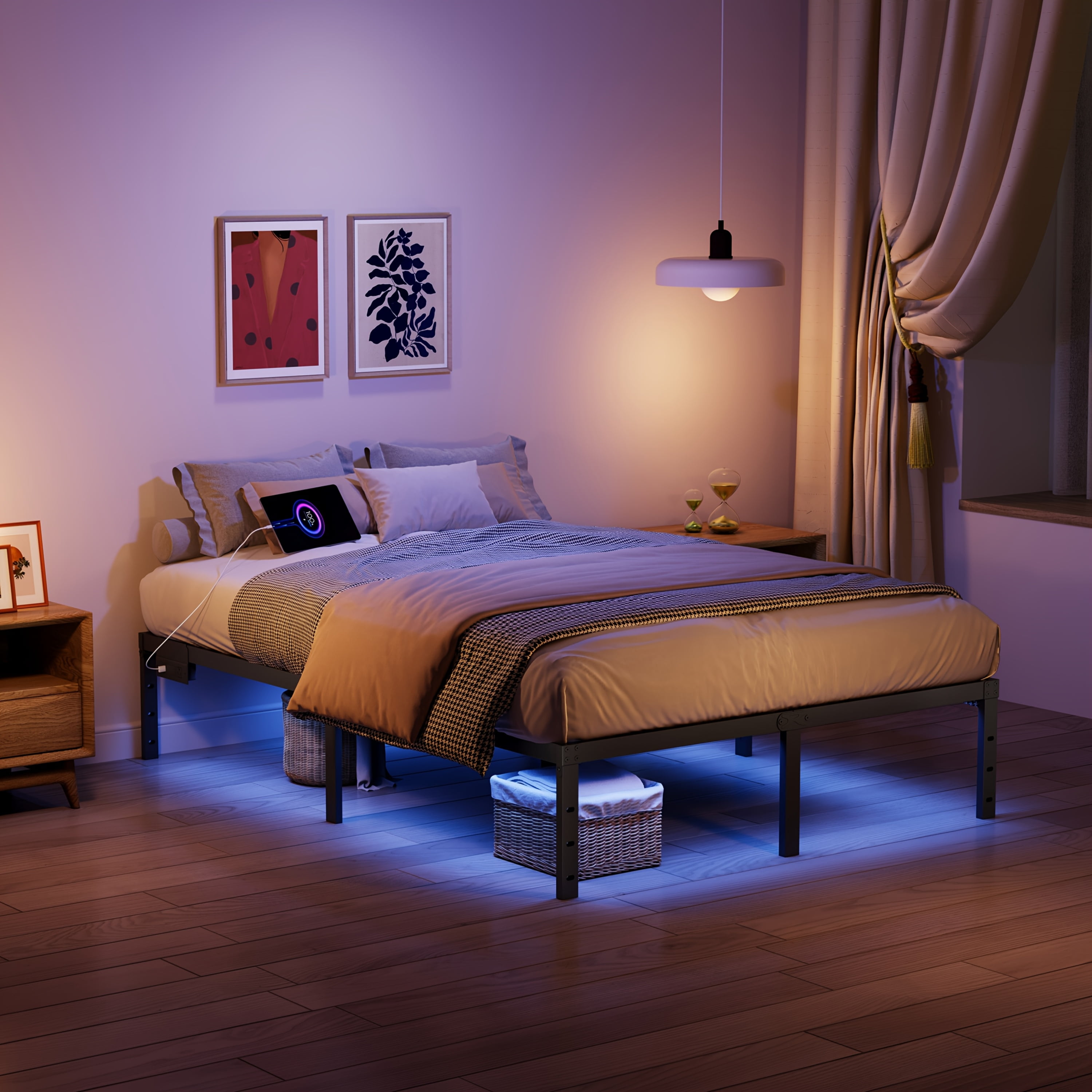 WANTAI 14 inch Queen Heavy Duty Metal Platform Bed Frame with Charging Station and LED Lights, No Box Spring Needed, Easy Assembly, No Noise