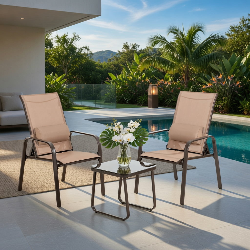 Hommoo 3-Piece Outdoor Bistro Set, Stackable Steel Chairs with Adjustable Backrest & Headrest, Tempered Glass Table, Brown