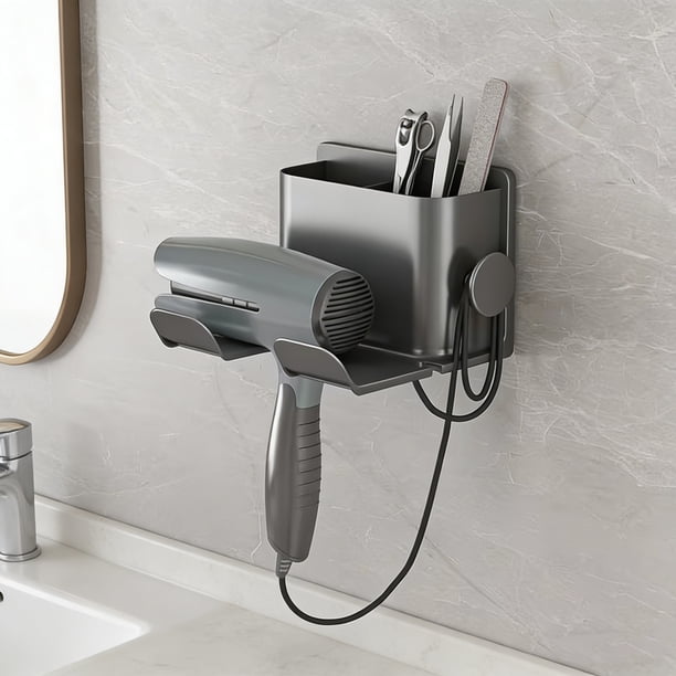 Soporte de Pared para Secador de Pelo - Organizador de Baño sin Taladro para Secador, Gris MNFD