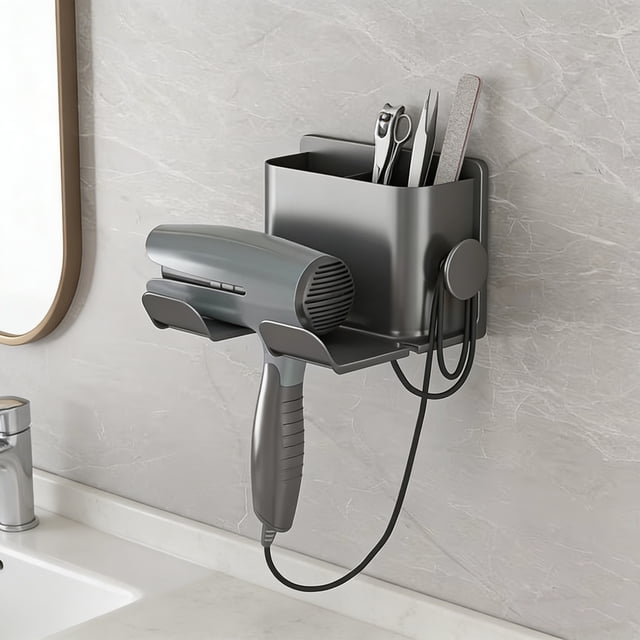 Soporte de pared para secador de pelo sin necesidad de taladrar – Organizador de baño – Estante de almacenamiento para secador y plancha de pelo con recogecables