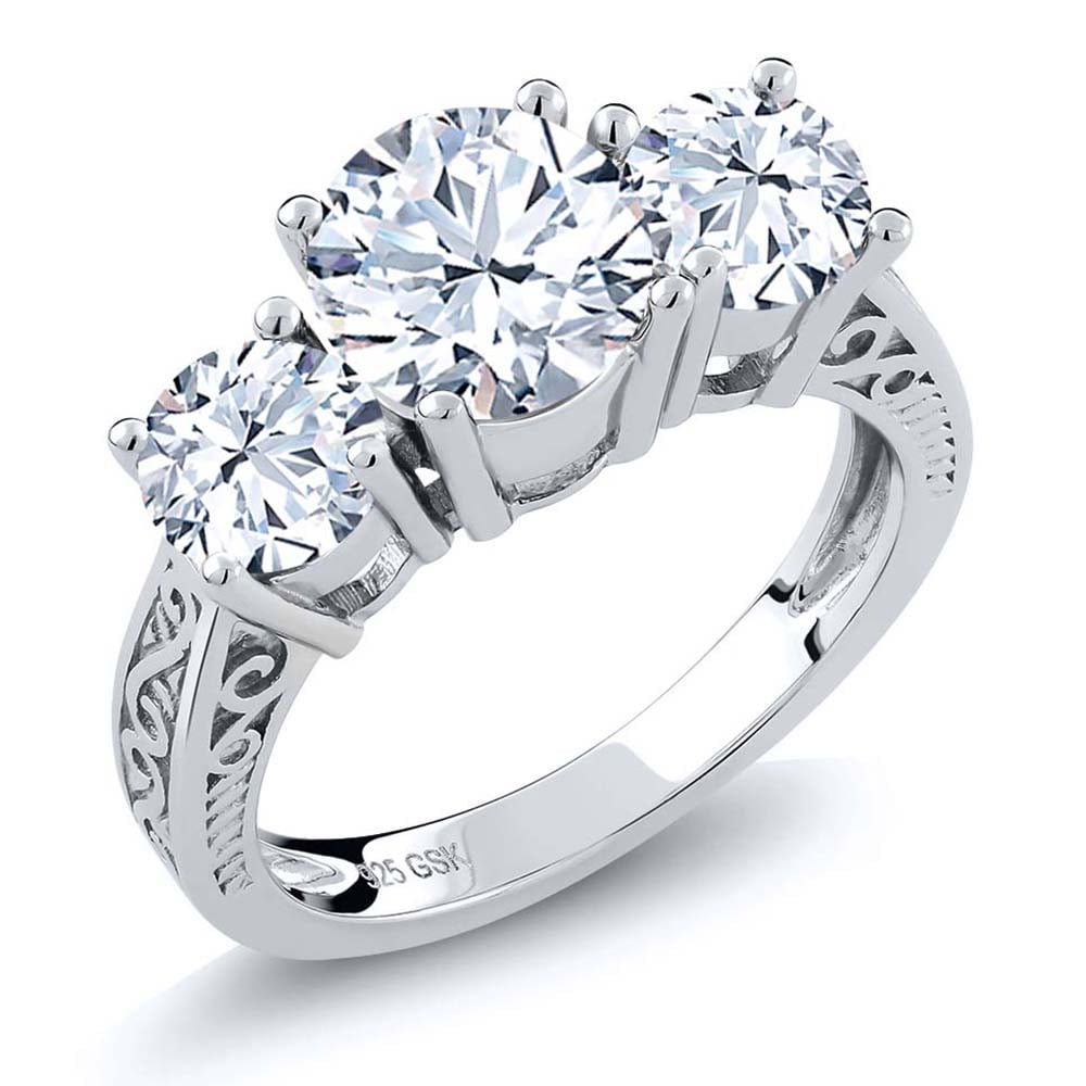 Gem Stone King 2.90 Cttw White Topaz 3-Stone Engagement Ring for Women | 925 Sterling Silver | Gemstone Birthstone | Round 7MM and 5MM | Three Stone Wedding Engagement Anniversary Ring | Size 5