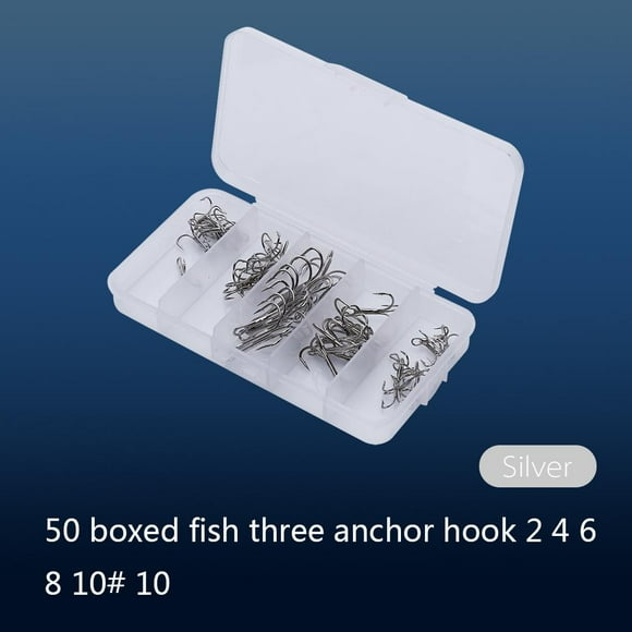 Qiilu Treble Hooks,50pcs/Box Fishing Hook Sharpened Treble Hook 5 Sizes 2/4/6/8/10 Fishhook Tackle Silver,Fishing Hook