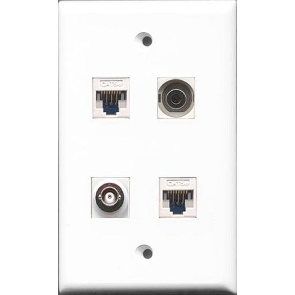 RiteAV - 1 Port 3.5mm and 1 Port BNC 2 Port Cat5e Ethernet White Wall Plate