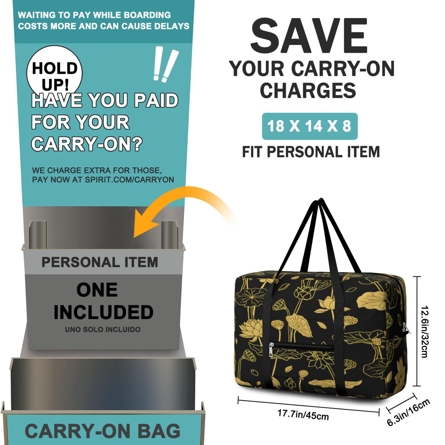 For Spirit Airlines Personal Item Bag 18x14x8 Inch, Floral Weekender Travel Bag, Foldable Travel Duffel Bag Underseat Carry on Bag with Luggage Sleeve for Women and Men 30L