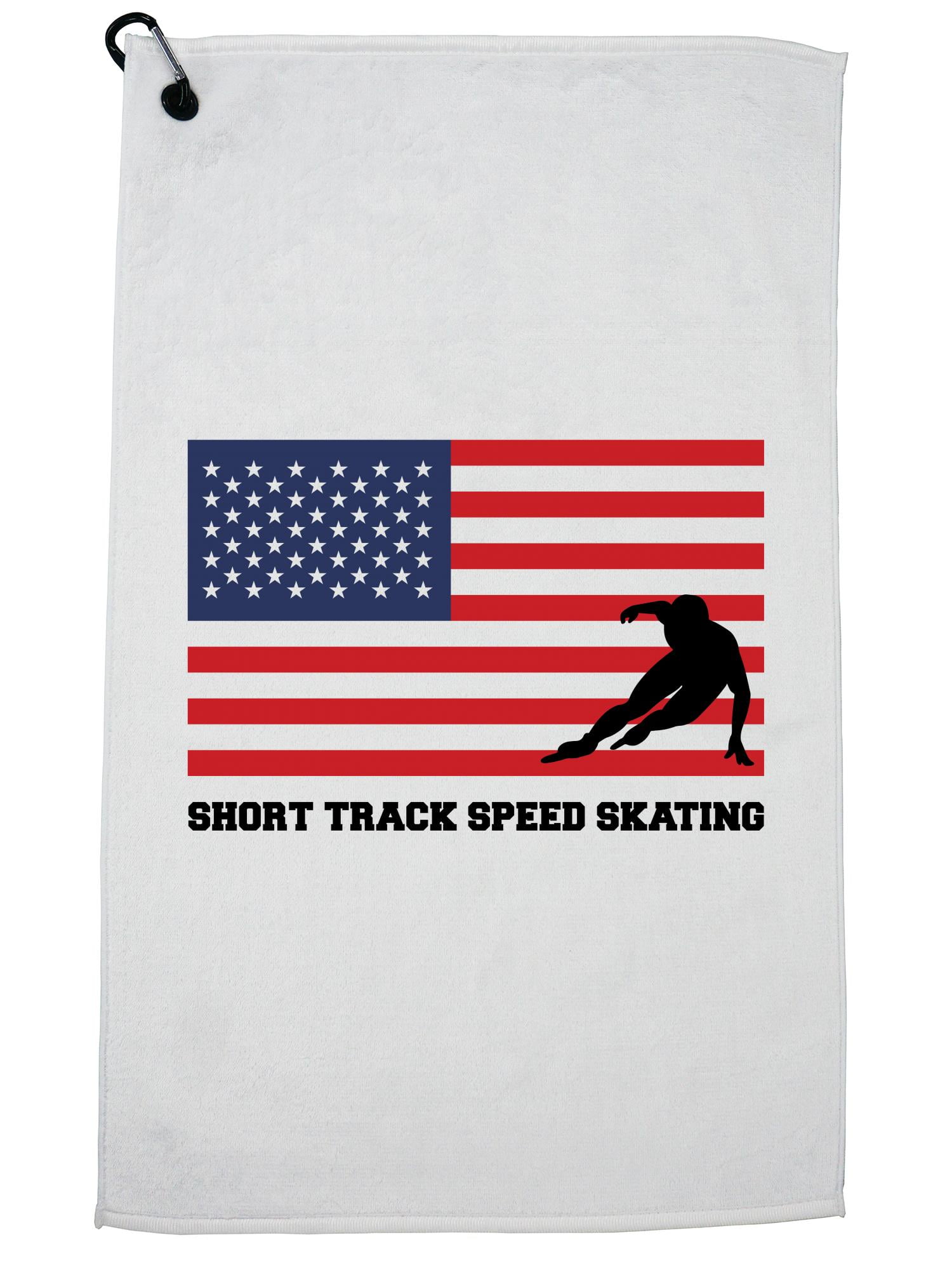 USA Olympic Short Track Speed Skate Flag Silhouette Golf Towel with Carabiner Clip by Hollywood Thread