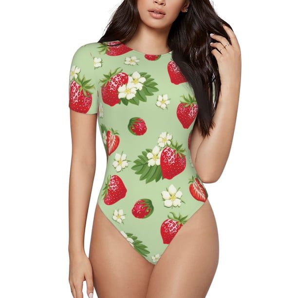 Balery Strawberry Floral Body de cuello redondo de manga corta para mujer Tops de manga corta Tops básicos-XX-Large