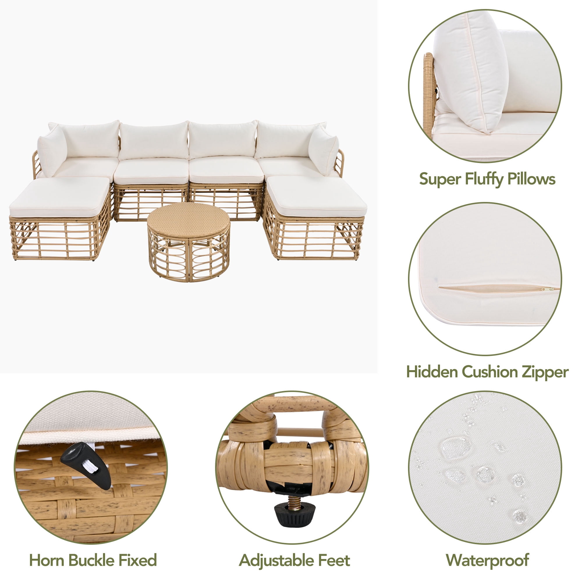 All-Weather 7-Piece PE Rattan Outdoor Patio Sectional Sofa Set with Coffee Table, Thick Cushions and Pillows, Modular Wicker Furniture for Garden Backyard Balcony, Beige