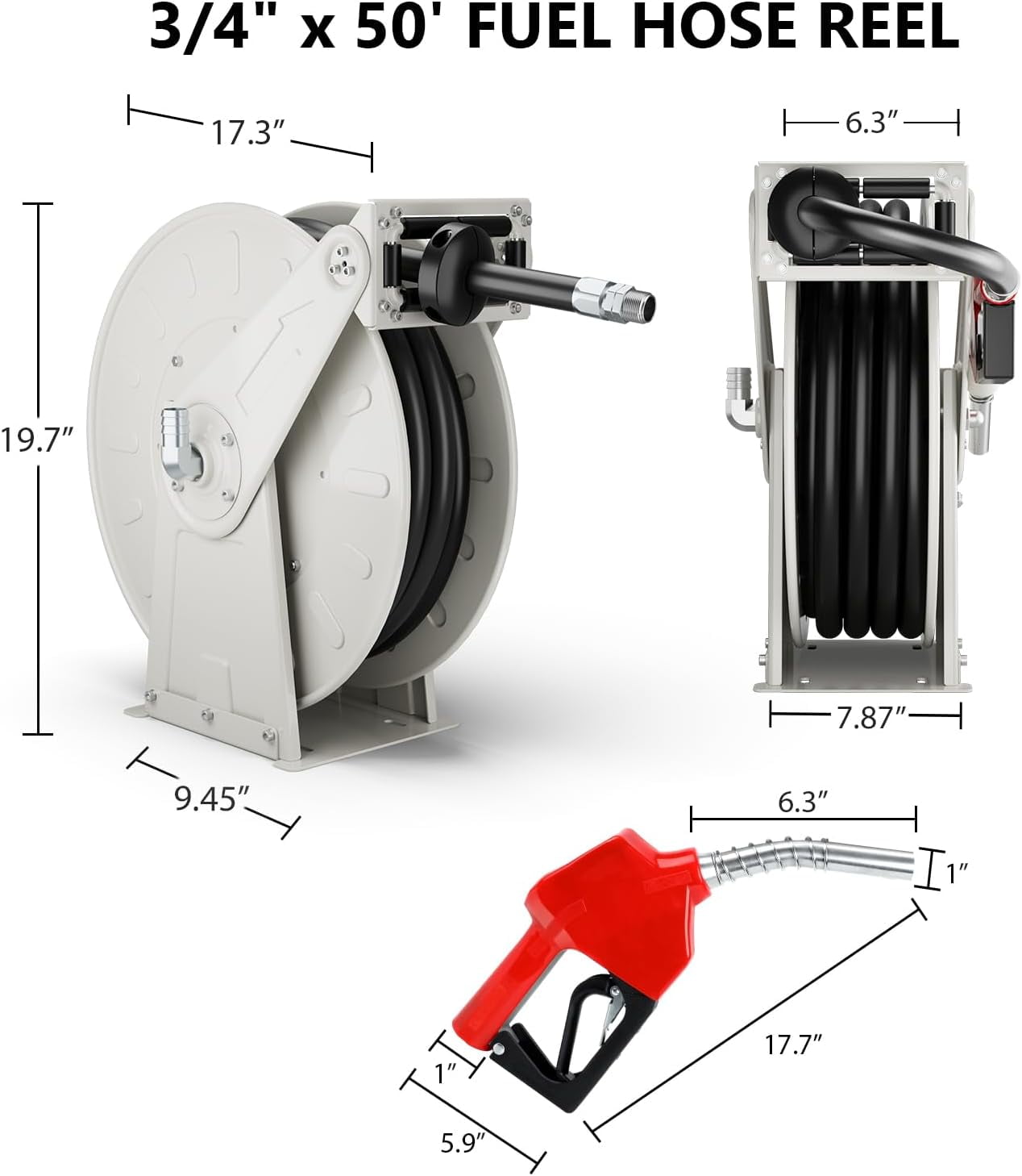 XUTUMM Fuel Hose Reel Retractable 3/4" x 50' Adjustable Dual Arm, All-weatherAuto Rewind, Heavy Duty Steel, with Fueling Nozzle for Aircraft Ship Vehicle Tank Truck