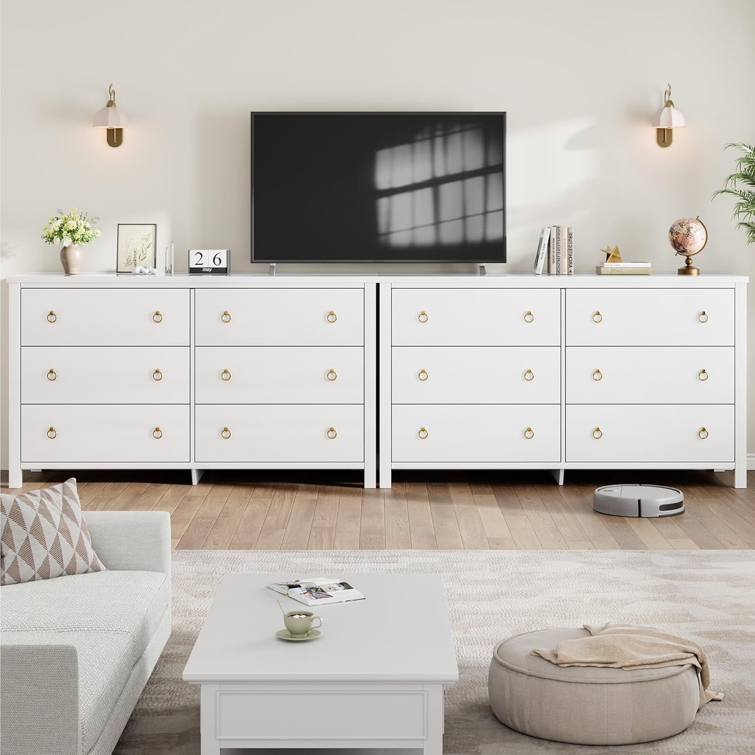 6 Drawers Dresser, 47 Inch Wide Chest of Drawers, Large Clothes Storage Cabinet & TV Stand, Wood Bedroom Dresser for Nursery, Living Room, Hallway, White