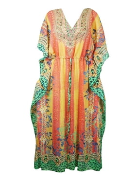 Mogul Women Maxi Kaftan Jewel Digital Print Abaya Caftan Cover Up Resort Wear Long Dress 4XL
