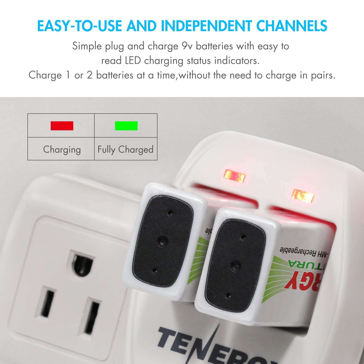 Tenergy TN141 2-Bay 9V Charger+2PCS Centura 9V NiMH Rechargeable Batteries Cells