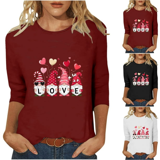 RKSTN Valentine's Day 3/4 Sleeve Tops for Women Oversized Crewneck Valentines Graphic Print Short Sleeve T Shirt Womens Casual Solid Round Neck Loose Comfy Three Quarter Sleeve Shirt Spring Clothes