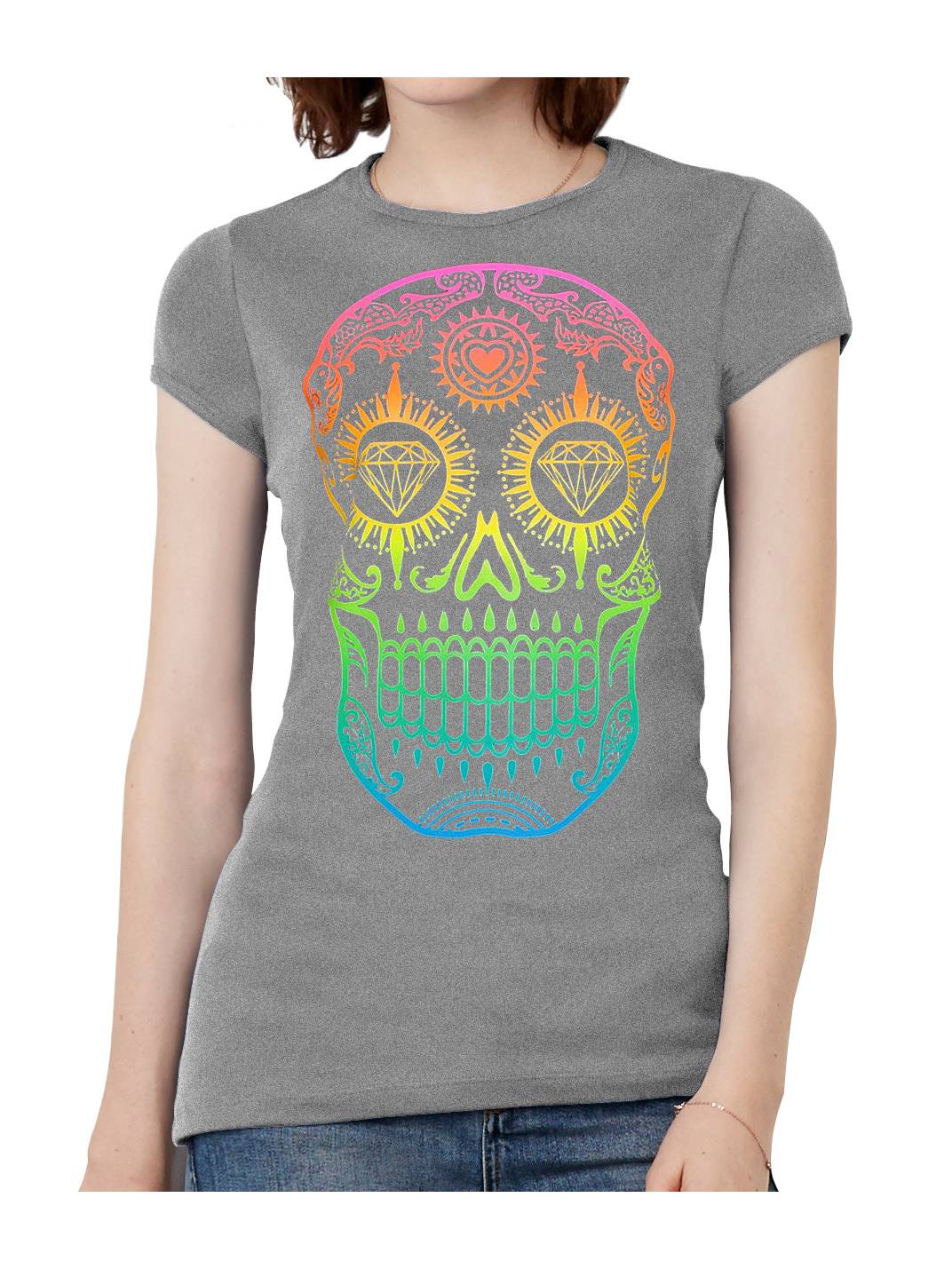 Womens Black Short-Sleeve Diamond Skull 