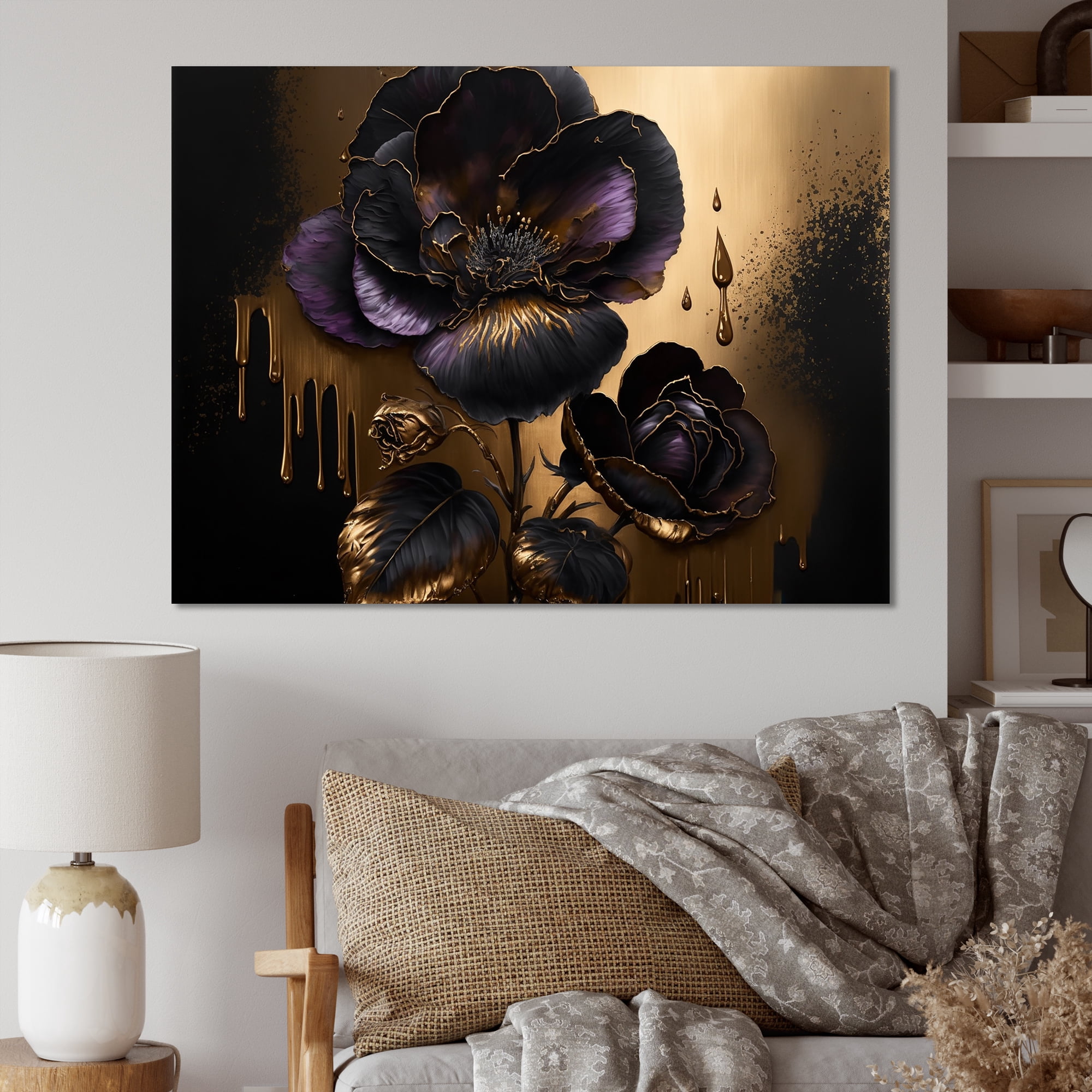 Designart Black And Gold Violets II Canvas Wall Art