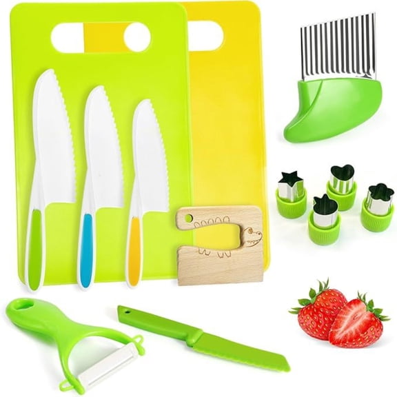 Kids Kitchen Tools Set, 13 Piece Safe Nylon Knife Set for Children, Toddler Cooking Utensils for Real Food Prep, Cutting Boards with Crinkle Cutter and Vegetable Cutters, Green