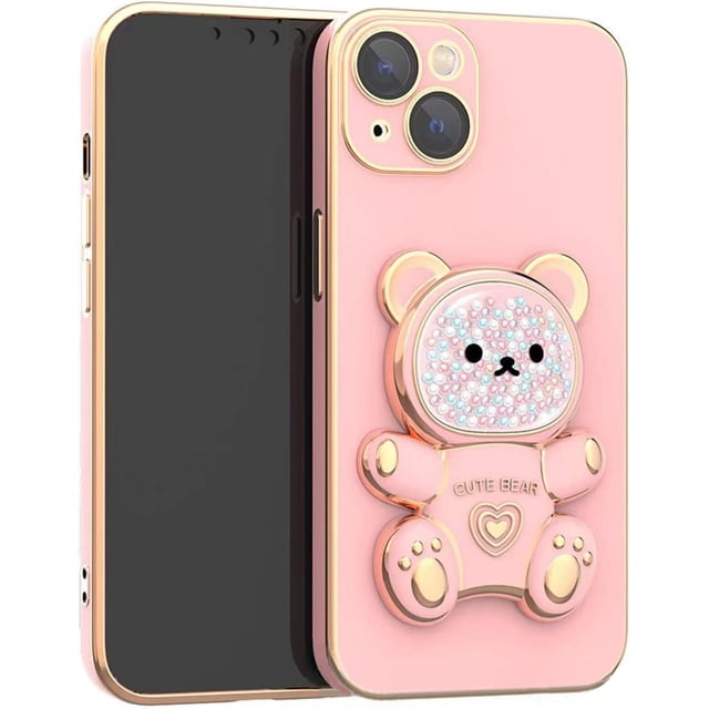Funda para iPhone 12 con soporte oculto de oso, suave TPU, a prueba de golpes, 3D, con soporte de oso y protección para cámara, para mujeres y niñas, color rosa