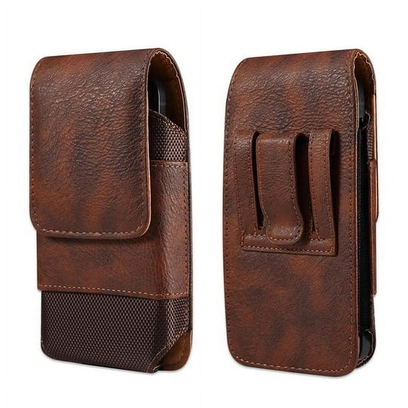 Brown Vertical Leather Belt Loop Case with Card Holder is Compatible with Tracfone BLU View Speed Phones with a thin cover on