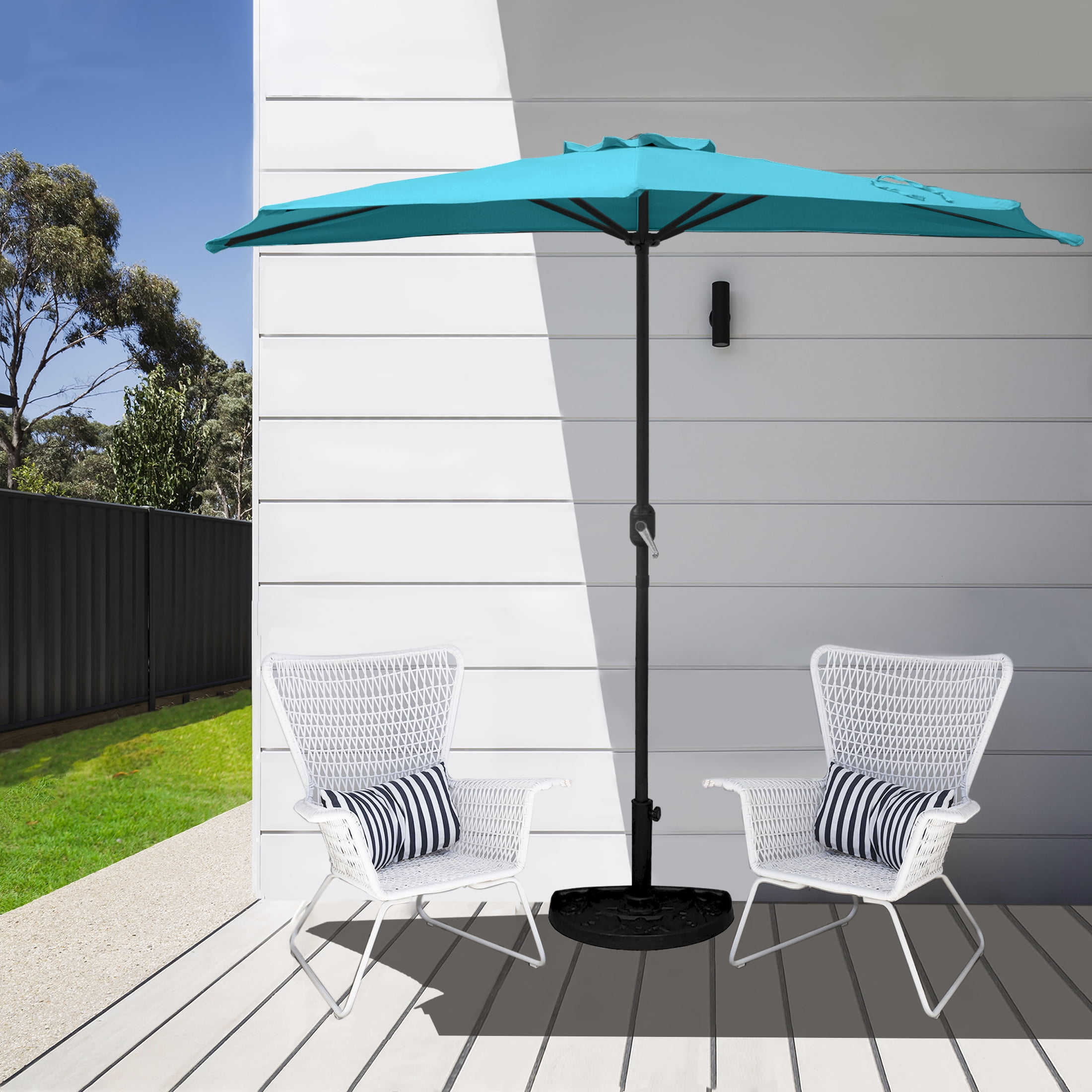 WestinTrends Lanai 9 Ft Outdoor Patio Half Umbrella with Base Include, Small Grill Deck Porch Balcony Shade Umbrella with Crank, 20 Lbs Half Round Base, Turquoise