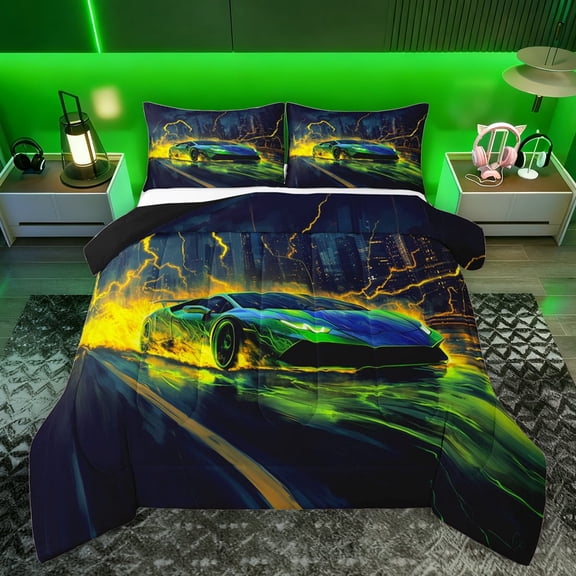 Feelyou Futuristic Sports Car Queen Comforter Set, Neon Glowing Lightning Bedding Sets, Teens Kids Boys Girls Reversible Bedding Comforter Set, Ultra Soft Bedroom Decor, 3 Pieces
