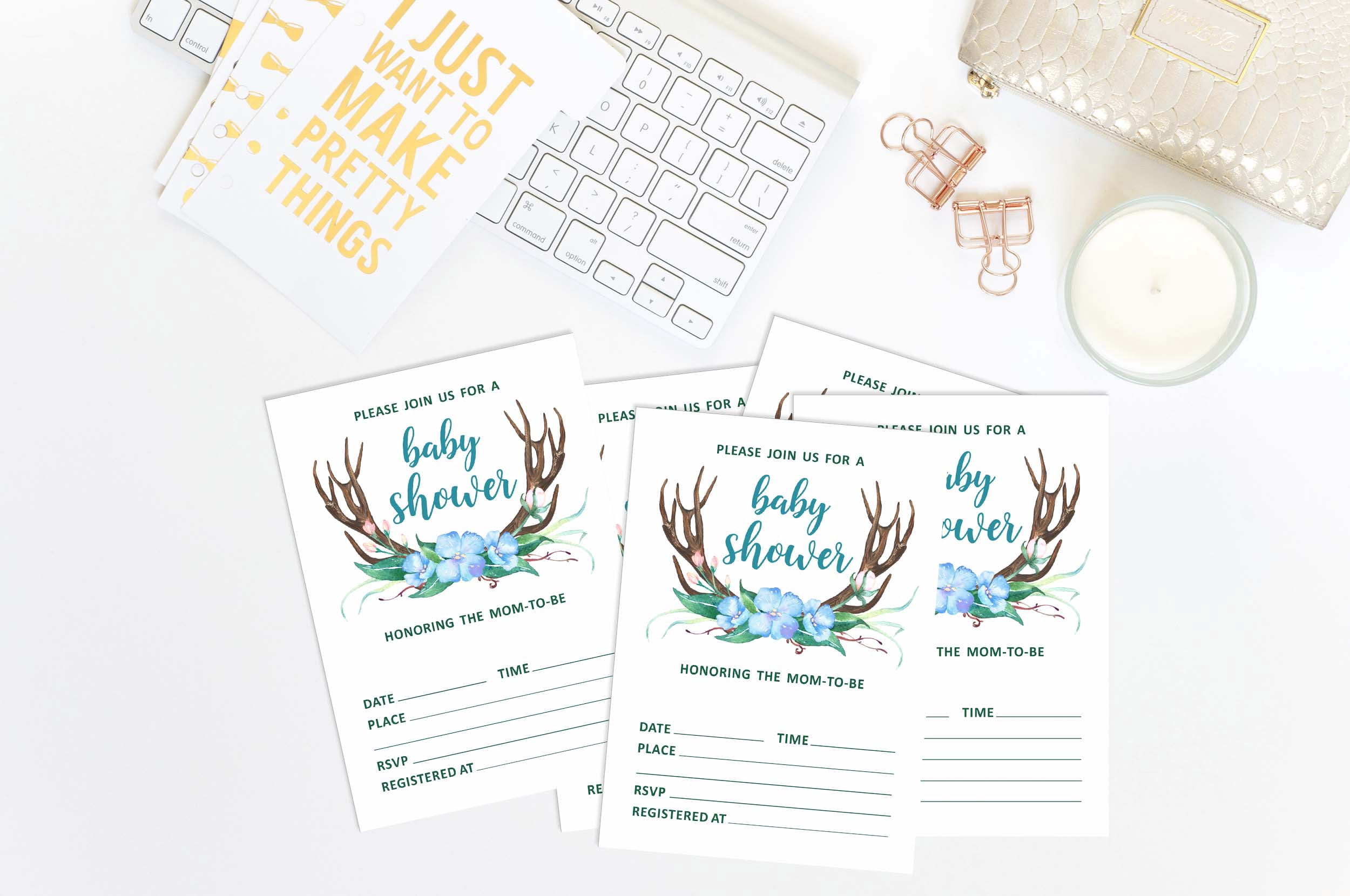 Inkdotpot 30Antler (Boy) Jungle Animals Baby Shower Invitation Cards Fill In Blank Invites