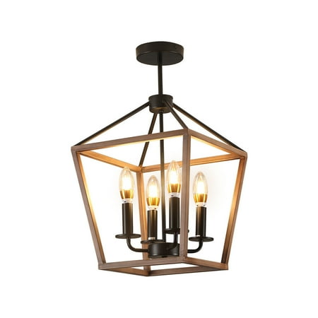 

4-Light Industrial Farmhouse Wood Frame Cage Chandelier Adjustable Ceiling Light