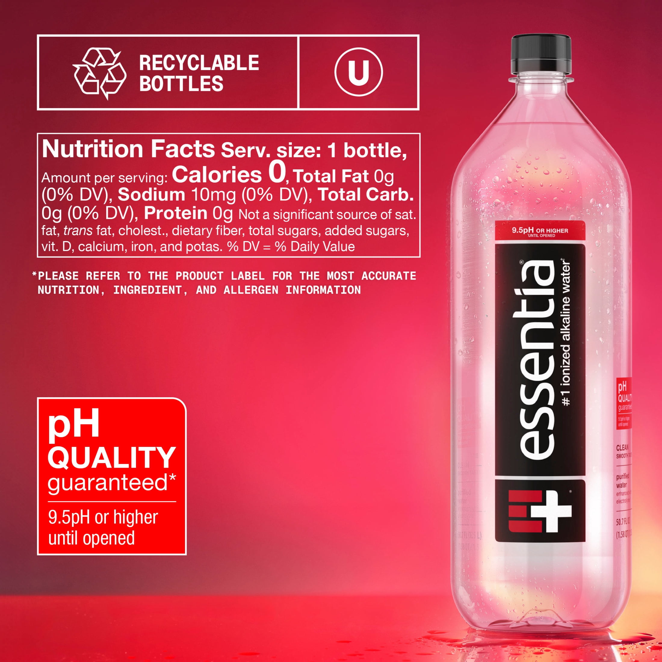Essentia Ionized Alkaline Water, 9.5 PH until opened, 99.9% Pure, Bottled Water, 1.5L Bottle