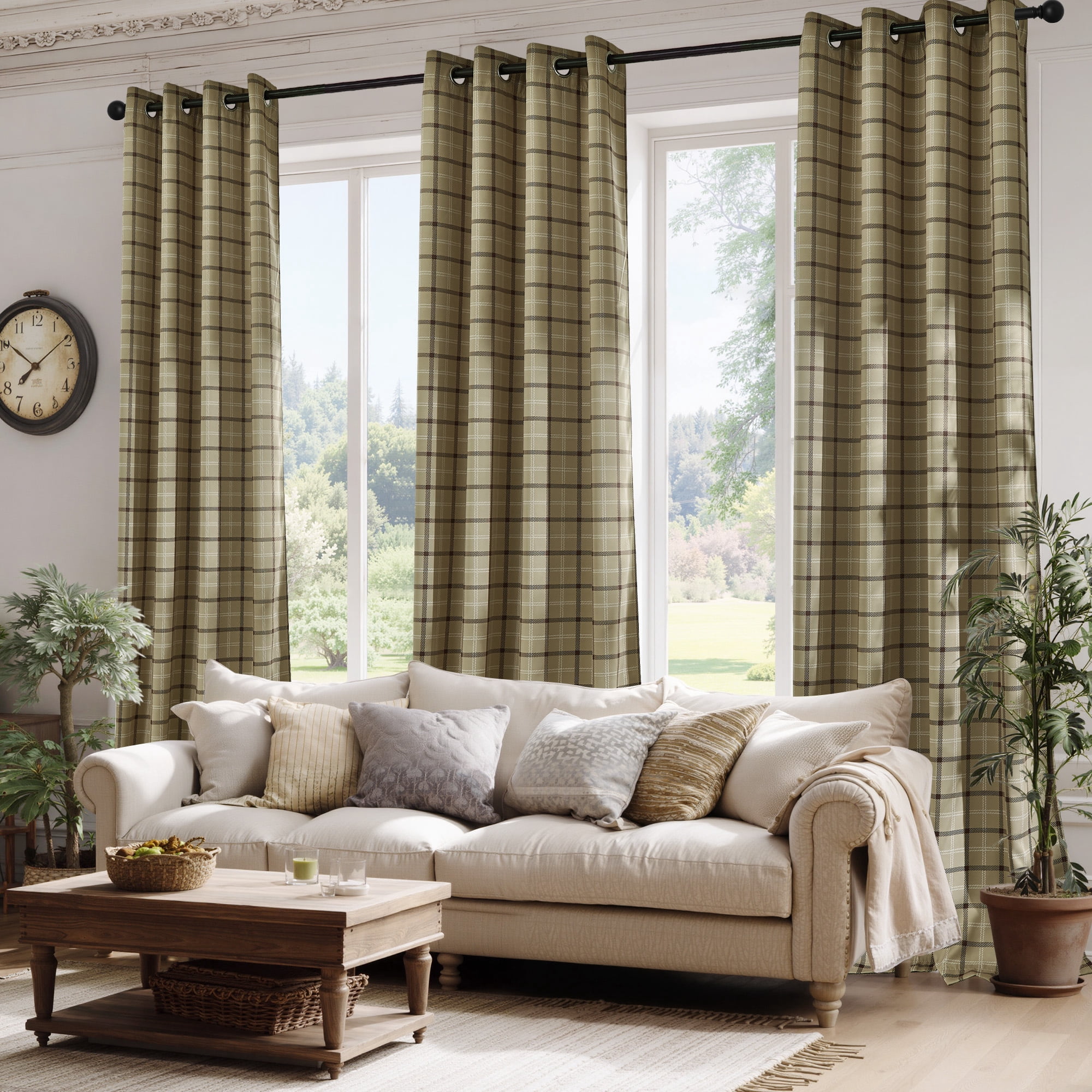 NICETOWN 100% Blackout Rustic Grid Pattern Linen Room Darkening Plaid Farmhouse Grommet Noise Reducing Window Curtains for Living Room, 2 Panels, Linen, W52 x L96