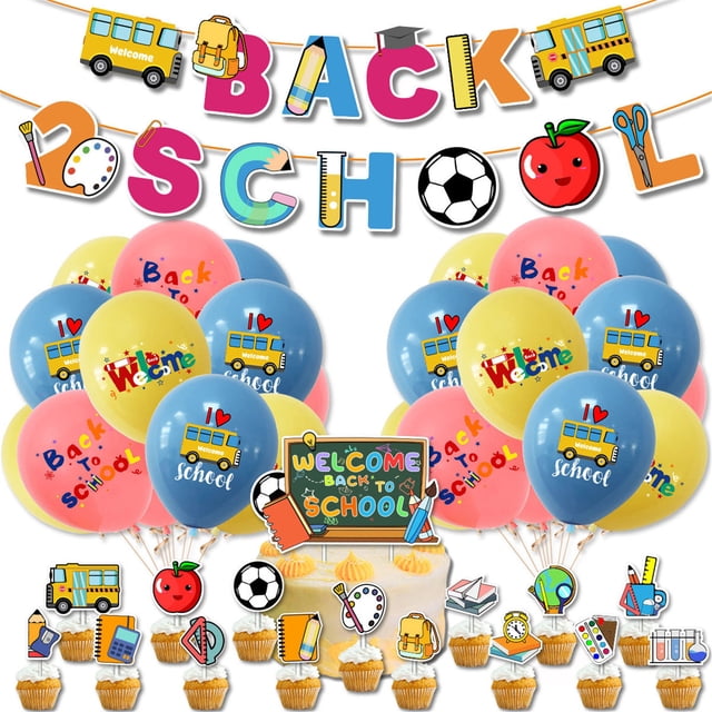 Yrmaups Back to Study Party Decorations, Welcome Party Banner Ruler Study Bus Cake Topper Kit for Classroom, Homecoming, First Day of Study, Opening Season