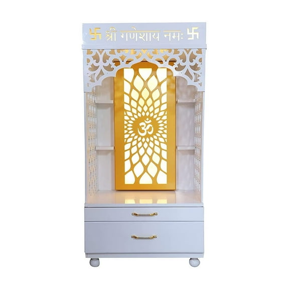 Personalized Wooden Designer Sparkling White Finish Temple For Home With LED Lights/ Temple With Drawers / Home Pooja Mandir / Pooja Mandap