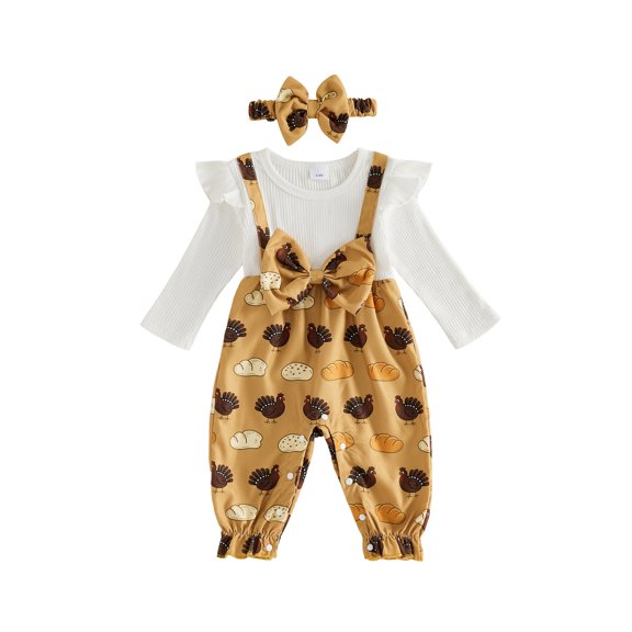 Cjfdfy Newborn Baby Girl My First Thanksgiving Outfit Infant Baby Girls Fall Winter Clothes Bubble Romper Cute Turkey Print Bowknot Long Sleeve Fake Two-Pieces Bodysuits Jumpsuits with Headband