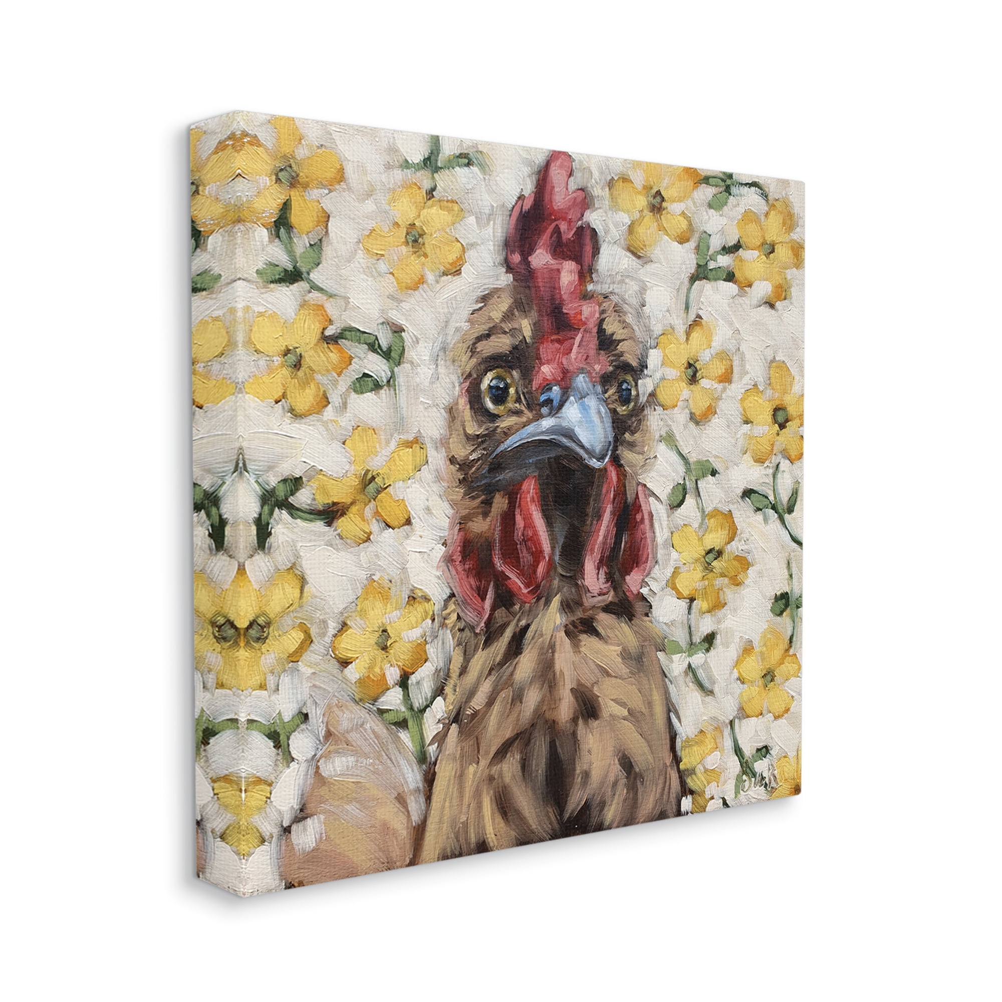 Stupell Farmhouse Chicken Yellow Flower Pattern Animals & Insects Painting Gallery Wrapped Canvas Print Wall Art