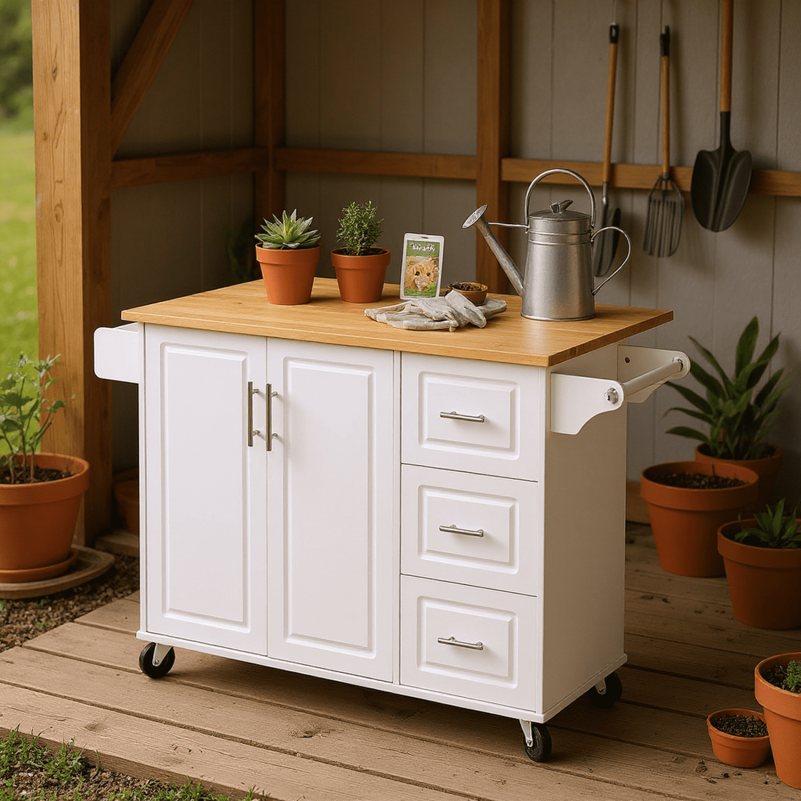 Homy Casa Multi-Purpose Rolling Utility Cart with Solid Wood Top, 3 Drawers, and Cabinet Storage