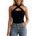 thumbnail image 1 of DHFJKG Women Halter Cross Over Collar Tank Knit Sleeveless Top Solid Color Ribbed Casual Spring Summer Blouse Versatile Tops, 1 of 5
