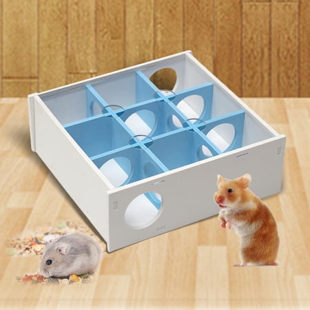 Wooden Maze Tunnel Toy with Transparent Acrylic Cover, Small Animals Gerbil Labyrinth Dwarf Hamster , Blue, 21x20x7.5cm