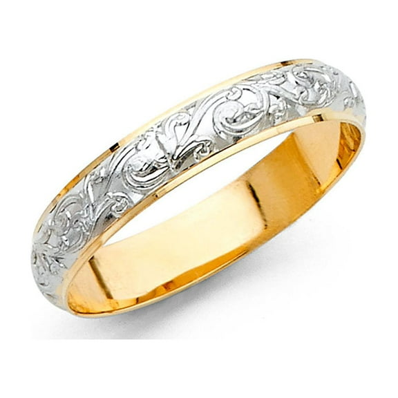 Wedding Band Solid 14k Yellow White Gold Filigree Ring Dome Style Two Tone Diamond Cut 4 mm Size 8