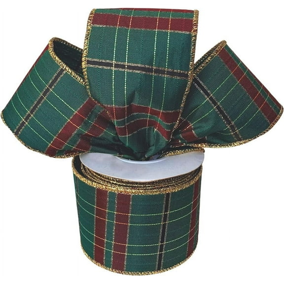 Hunter Green Christmas Plaid Wired Ribbon - 2 1/2" x 10 Yards, Metallic Gold Edges, Burgundy Red, Tartan, Wreath, Garland, Gift Wrap, Bows, Gift Basket, Decoration