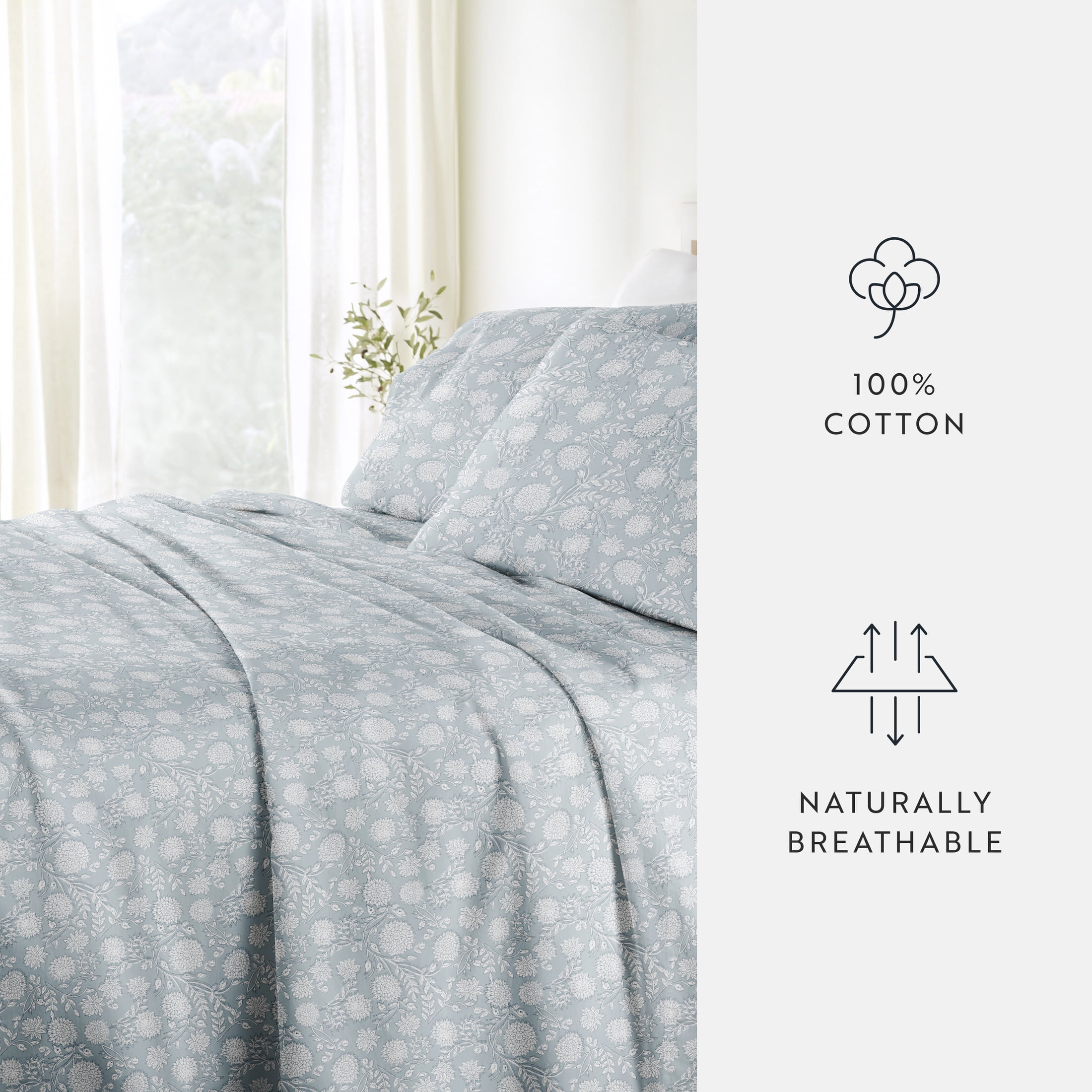 Noble Linens 4 Piece 300TC Cotton Printed Sheets, Bohemian Garden Blue, California King