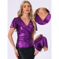thumbnail image 2 of DARING DIVA Women's Metallic V Neck Ruffle Sleeve Shiny Wrap Blouse L Purple, 2 of 6