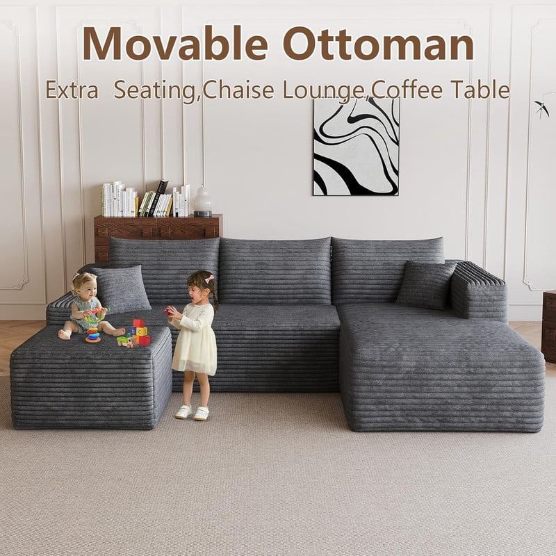 94" Modular Sectional Sofa with Ottoman, Modern Corduroy Cloud Couch with Deep Seat, Upholstered 3-Seater U-Shaped Sofa for Living Room, Right Facing Chaise