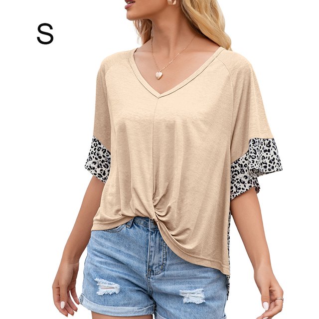 Camiseta de mujer de manga corta con estampado de cuello en V, camiseta suelta torcida de verano, albaricoque, S tholdsy AP001233-09