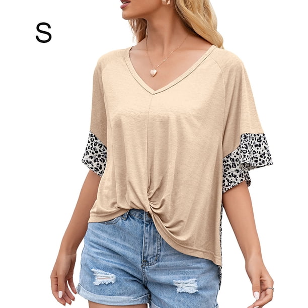 Camiseta de mujer de manga corta con estampado de cuello en V Top retorcido suelto de verano, albaricoque, S Inevent AP001233-09
