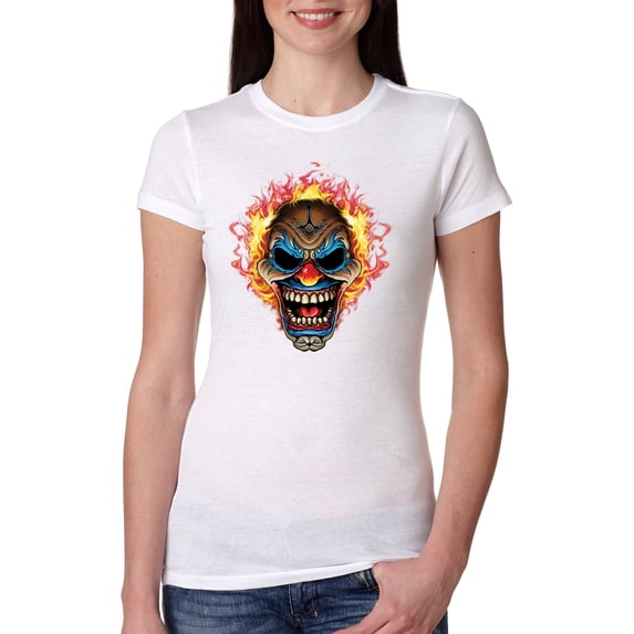 Flaming Laughing Fierce Clown | Womens Cars and Trucks Slim Fit Junior Tee, White, Small