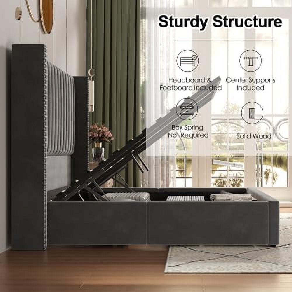 VanAcc Lift up Storage Bed Frame Queen Size, Upholstered Platform Bed Velvet with Channel Tufted Wingback Headboard, No Box Spring Needed, Gray