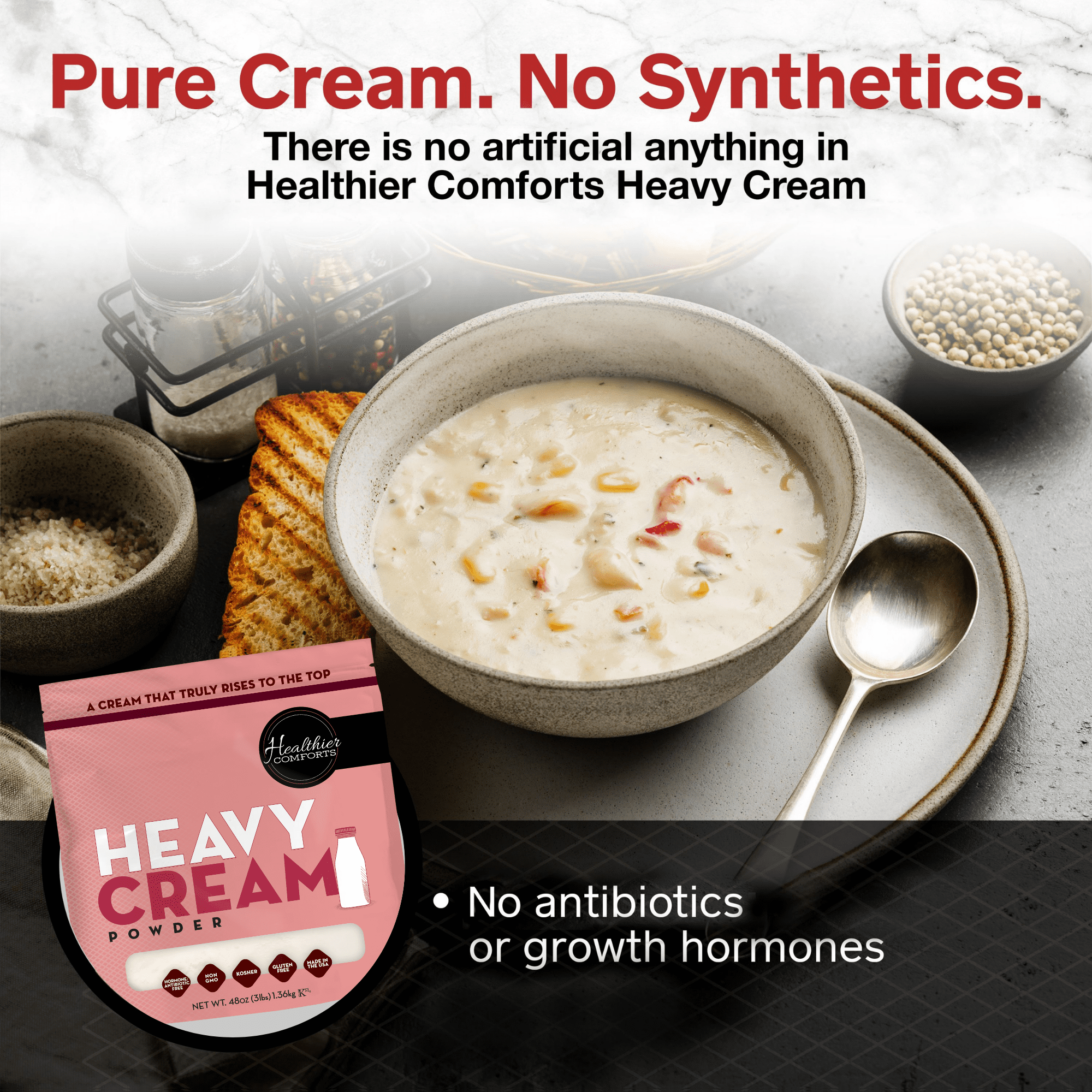 Healthier Comforts Heavy Cream Powder 48oz | 72% Butterfat, Kosher, Gluten Free, Non-GMO, Keto Friendly, Free of Antibiotics & Hormones (rBGH or rBST) | Made in USA