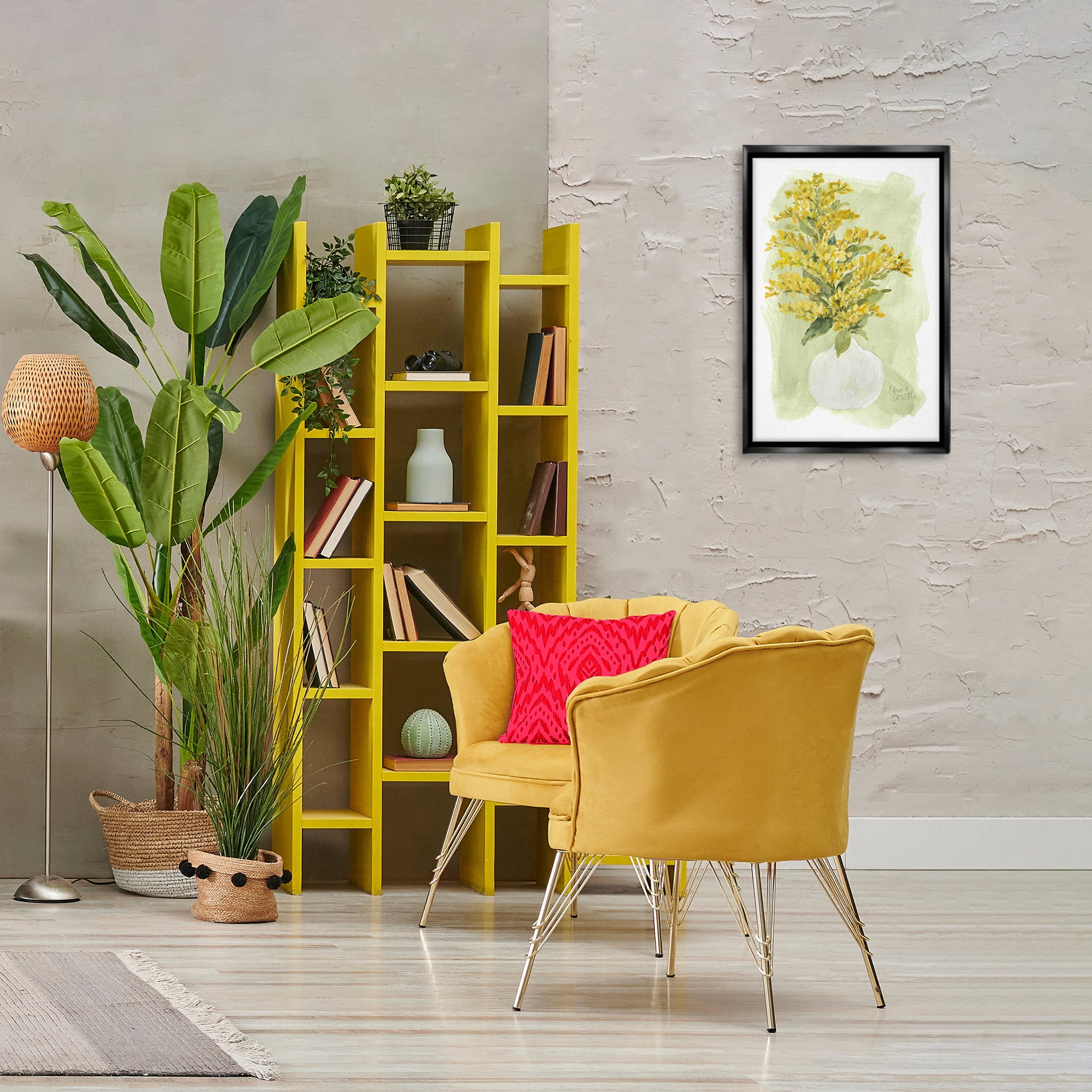 Stupell Industries Goldenrods Bloom White Vase Floral & Botanical Painting Black Floater Framed Canvas Art Print Wall Art, 17 x 25