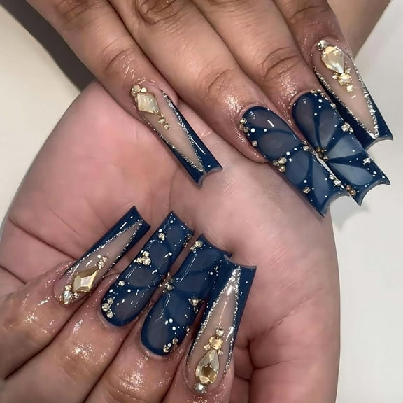 Fashionable Press On Nails Long Square Artificial Nails Glossy Finish With Rhinestones Decors False Nails For Daily Wear