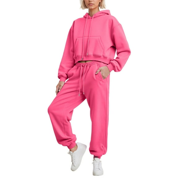 sususu Lounge Sets for Women,Matching Set Winter Warm Hooded Tracksuit Set Featuring Short Crop Top And High Waist Trousers For Casual Fall Outfits - Hot Pink