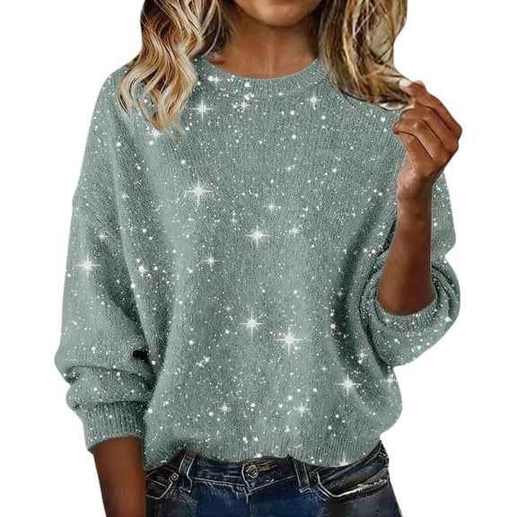 Women's Winter Sparkle Pattern Knit Pullover, Holiday Sparkle Crewneck Sweater Winter Sparkle Pattern Knit Pullover Casual Daily Sparkle Sweater Star Print Crewneck Sweater, Light Green M