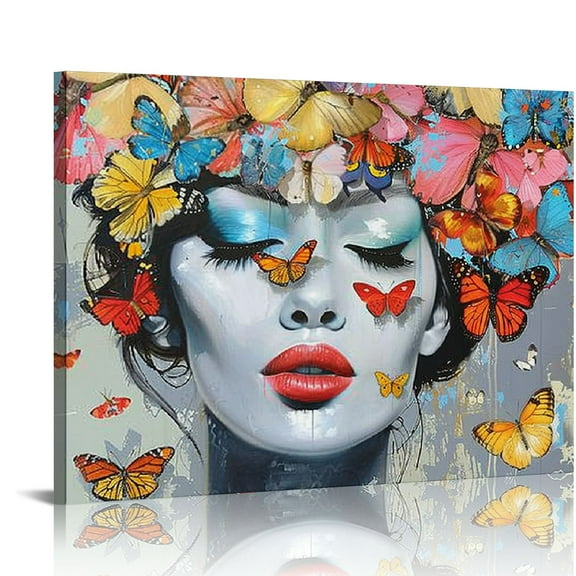 Nawypu Butterfly Wall Decor Gifts for Women: Colorful Butterlies Canvas Wall Art Poster Black and White Woman Painting in Blush Pink Lip Framed Pictures for Girls Bedroom Home Office Room
