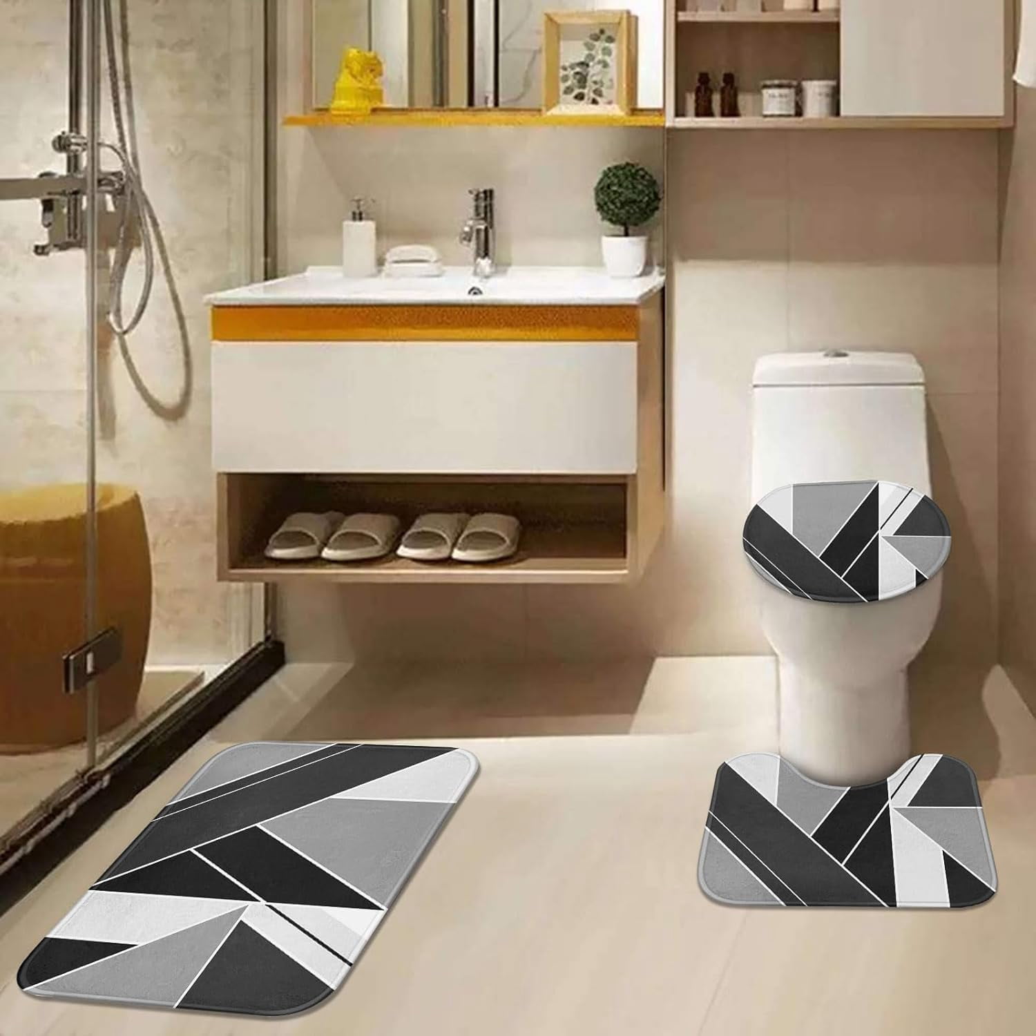 Grey Black Wavy Line Shower Curtain Set with Toilet Lid Cover and Non-Slip Rugs for Bathroom, Abstract Stripes 4 Pcs Shower Curtain, Modern Geometric Bathroom Set with 12 Hooks